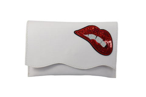 Biting Lips  on White Leather Clutch